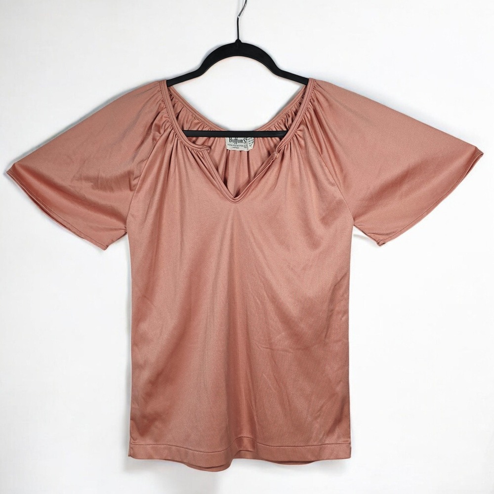 Buffums Blouse 70s Style Rose‎ Pink Dolman Sleeve V Neck Woman Large Japan Made
